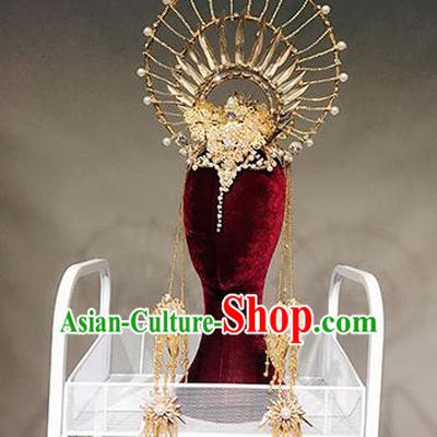 Traditional Chinese Stage Show Deluxe Golden Hair Crown Headdress Handmade Catwalks Hair Accessories for Women