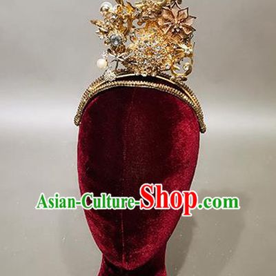 Top Stage Show Golden Flower Royal Crown Headdress Handmade Catwalks Hair Accessories for Women