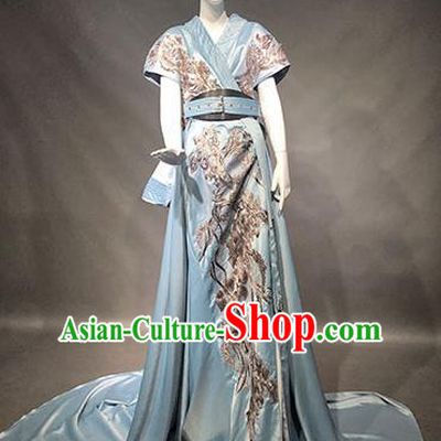 Top Grade Modern Dance Compere Blue Full Dress Catwalks Embroidered Costume for Women