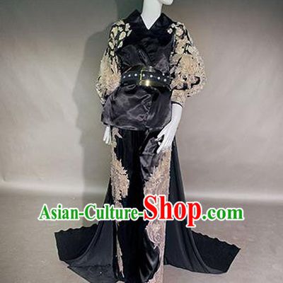 Top Grade Modern Dance Compere Black Full Dress Catwalks Embroidered Costume for Women