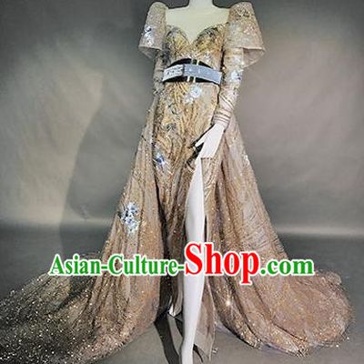 Top Grade Modern Dance Compere Champagne Full Dress Catwalks Embroidered Costume for Women