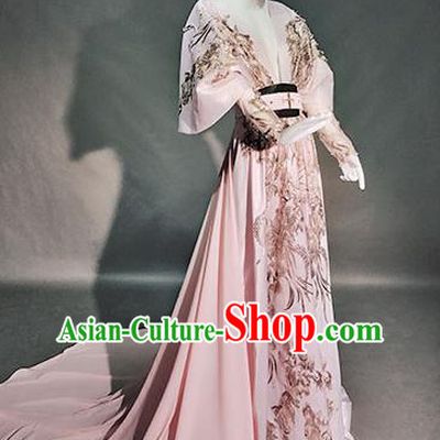 Top Grade Modern Dance Compere Pink Full Dress Catwalks Embroidered Costume for Women