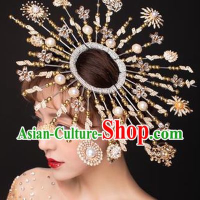 Top Stage Show Deluxe Golden Royal Crown Headdress Handmade Catwalks Hair Accessories for Women