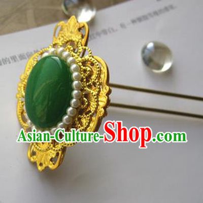 Traditional Chinese Bride Pearls Jade Golden Hairpin Headdress Ancient Court Hair Accessories for Women