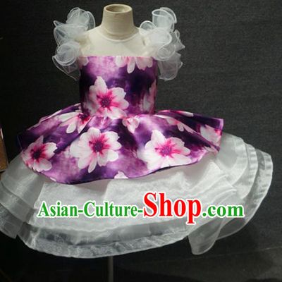 Top Grade Children Birthday Purple Printing Bubble Short Dress Catwalks Stage Show Princess Costume for Kids