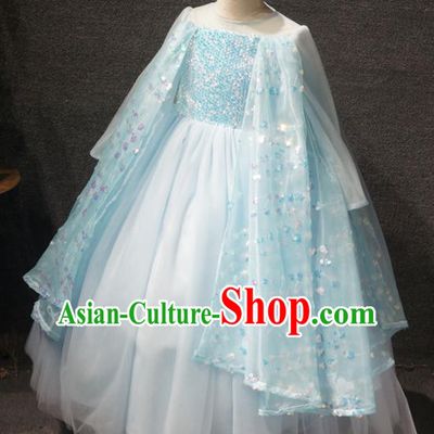 Top Grade Children Birthday Blue Full Dress Catwalks Stage Show Princess Costume for Kids