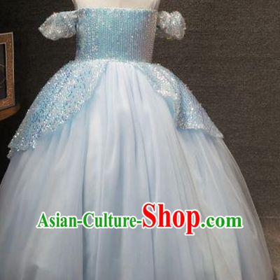 Top Grade Children Birthday Light Blue Full Dress Catwalks Stage Show Princess Costume for Kids