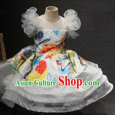 Top Grade Children Birthday White Bubble Short Dress Catwalks Stage Show Princess Costume for Kids