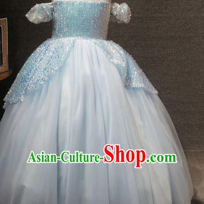 Top Grade Children Princess Blue Full Dress Catwalks Stage Show Birthday Costume for Kids