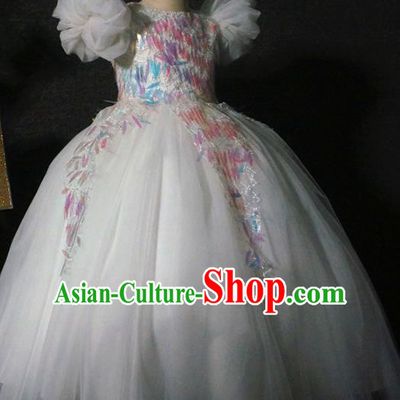 Top Grade Children Princess Sequins White Full Dress Catwalks Stage Show Birthday Costume for Kids