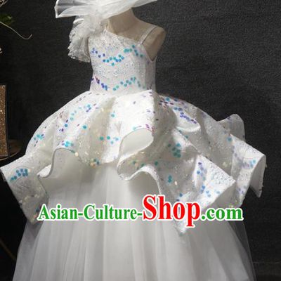 Top Grade Children Piano Performance White Full Dress Catwalks Stage Show Birthday Costume for Kids