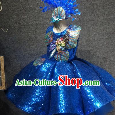 Top Grade Children Modern Dance Royalblue Short Dress Catwalks Stage Show Birthday Costume for Kids