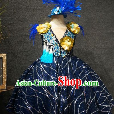 Top Grade Children Modern Dance Navy Short Dress Catwalks Stage Show Birthday Costume for Kids