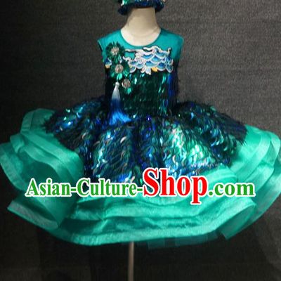 Top Grade Children Day Performance Green Sequins Short Dress Catwalks Stage Show Birthday Costume for Kids