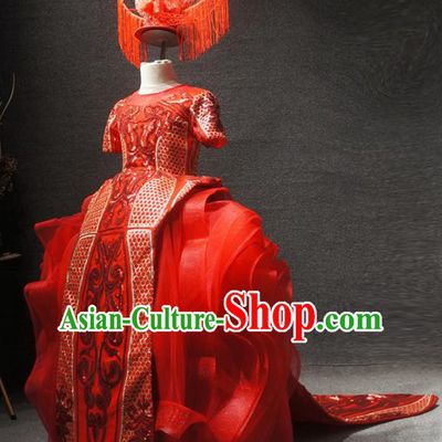 Traditional Chinese Compere Embroidered Red Dress Catwalks Stage Show Costume for Kids