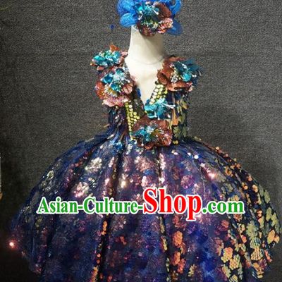 Top Grade Children Day Performance Deep Blue Sequins Short Dress Catwalks Stage Show Birthday Costume for Kids