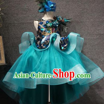 Top Grade Children Day Performance Green Short Dress Catwalks Stage Show Birthday Costume for Kids