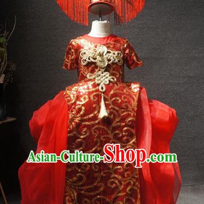 Traditional Chinese New Year Embroidered Red Full Dress Catwalks Stage Show Costume for Kids