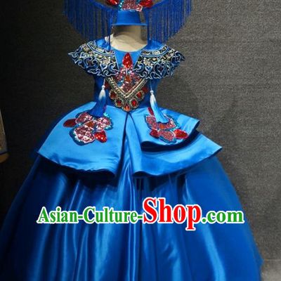 Traditional Chinese Compere Royalblue Full Dress Catwalks Stage Show Costume for Kids
