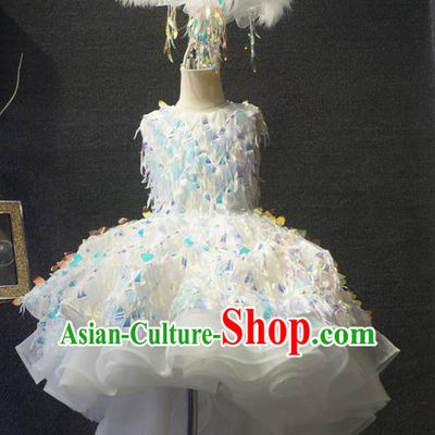 Top Grade Children Day Dance Performance Sequins White Dress Catwalks Stage Show Birthday Costume for Kids