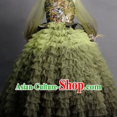Top Children Compere Green Veil Full Dress Catwalks Princess Stage Show Dance Costume for Kids