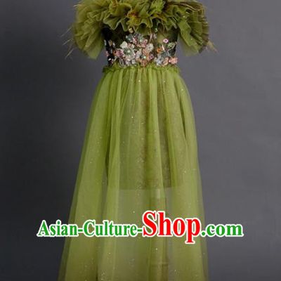 Top Children Princess Compere Green Full Dress Catwalks Stage Show Dance Costume for Kids