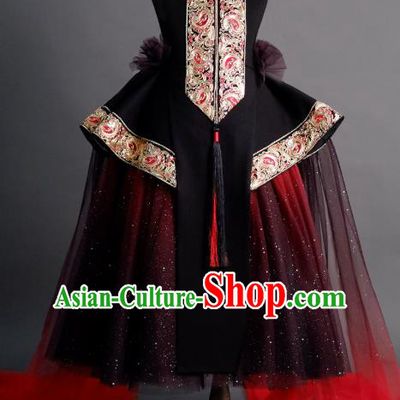 Traditional Chinese Catwalks Chorus Embroidered Black Full Dress Compere Stage Performance Costume for Kids