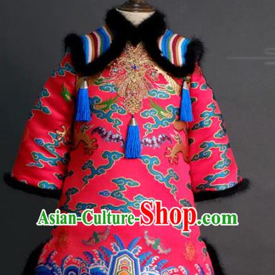 Traditional Chinese Catwalks Chorus Embroidered Rosy Qipao Dress Compere Stage Performance Costume for Kids