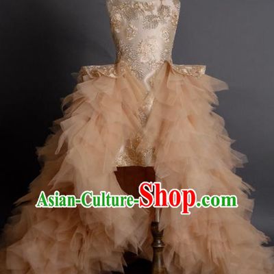 Top Children Compere Apricot Pink Veil Trailing Full Dress Catwalks Stage Show Dance Costume for Kids