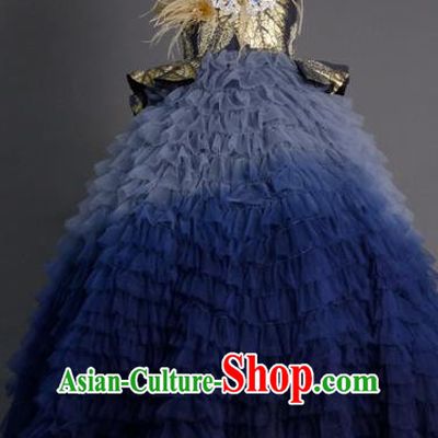 Top Children Compere Deep Blue Veil Trailing Full Dress Catwalks Stage Show Dance Costume for Kids