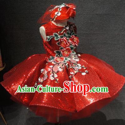 Top Children Day Dance Performance Embroidered Flowers Red Dress Catwalks Stage Show Birthday Costume for Kids