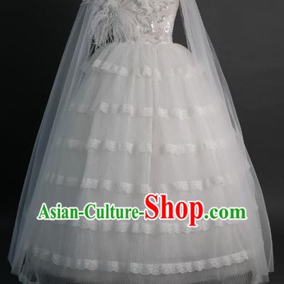 Top Children Fairy Princess White Feather Veil Full Dress Compere Catwalks Stage Show Dance Costume for Kids