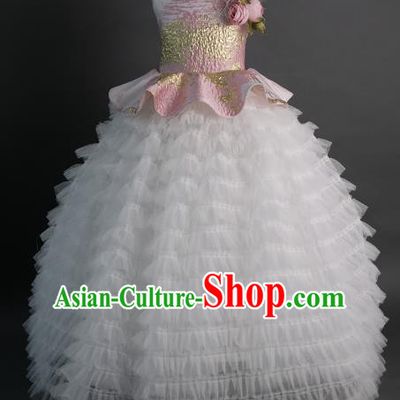 Top Children Fairy Princess Pink Feather Veil Full Dress Compere Catwalks Stage Show Dance Costume for Kids