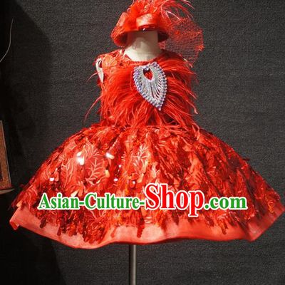 Top Children Kindergarten Performance Red Feather Short Dress Catwalks Stage Show Birthday Costume for Kids