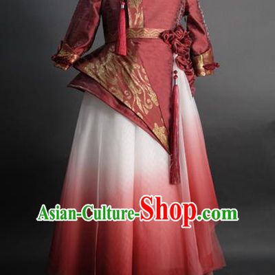 Traditional Chinese Catwalks Tang Suit Red Dress Compere Stage Performance Costume for Kids
