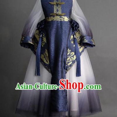 Traditional Chinese Catwalks Tang Suit Navy Dress Compere Stage Performance Costume for Kids