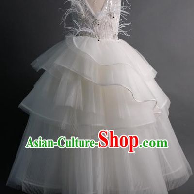Top Children Flowers Fairy White Feather Veil Full Dress Compere Catwalks Stage Show Dance Costume for Kids