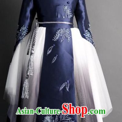 Traditional Chinese Catwalks Girl Navy Qipao Dress Compere Stage Performance Costume for Kids