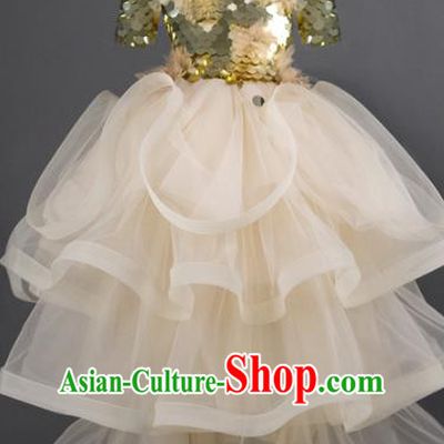 Top Children Fairy Princess Beige Full Dress Compere Catwalks Stage Show Dance Costume for Kids