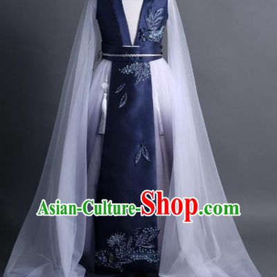 Traditional Chinese Girl Classical Dance Navy Dress Compere Stage Performance Costume for Kids