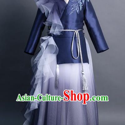 Traditional Chinese Girl Classical Dance Navy Veil Dress Compere Stage Performance Costume for Kids