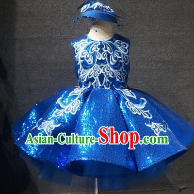 Top Children Kindergarten Performance Blue Short Dress Catwalks Stage Show Birthday Costume for Kids