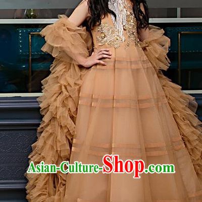 Top Children Flowers Fairy Brown Veil Bubble Full Dress Compere Catwalks Stage Show Dance Costume for Kids
