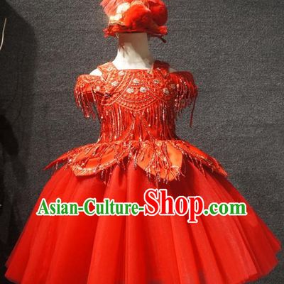 Top Kindergarten Children Day Performance Red Dress Catwalks Stage Show Birthday Costume for Kids
