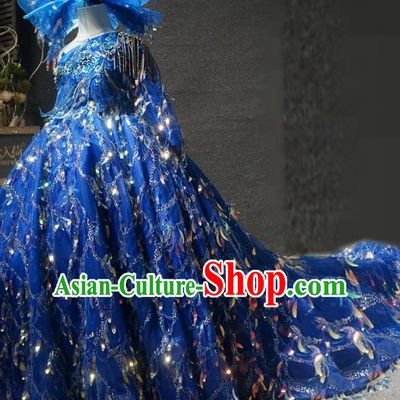 Top Children Piano Recital Blue Trailing Full Dress Catwalks Princess Stage Show Birthday Costume for Kids