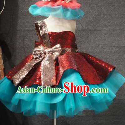 Top Children Dance Purplish Red Paillette Bubble Full Dress Catwalks Princess Stage Show Birthday Costume for Kids