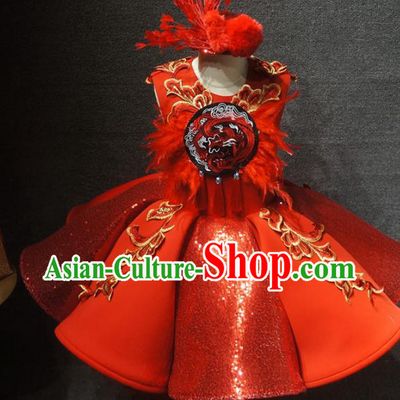 Traditional Chinese Compere Embroidered Red Short Dress Catwalks Stage Show Costume for Kids