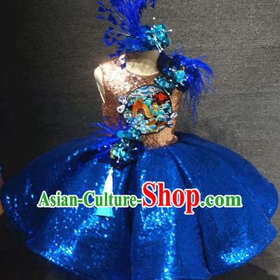 Traditional Chinese Compere Embroidered Royalblue Short Dress Catwalks Stage Show Costume for Kids