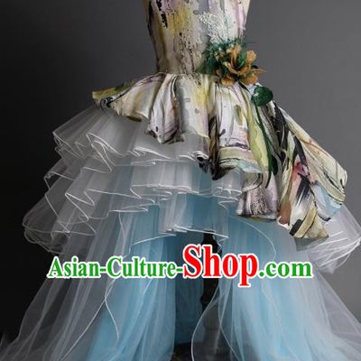 Top Children Fairy Princess Printing Blue Veil Trailing Full Dress Compere Catwalks Stage Show Dance Costume for Kids