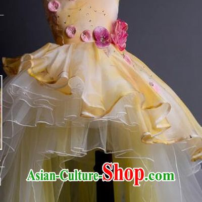 Top Children Fairy Princess Printing Yellow Veil Trailing Full Dress Compere Catwalks Stage Show Dance Costume for Kids